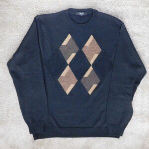 Raffi Black Argyle Diamond Crewneck Wool Blend Sweater Size X Italy Mens